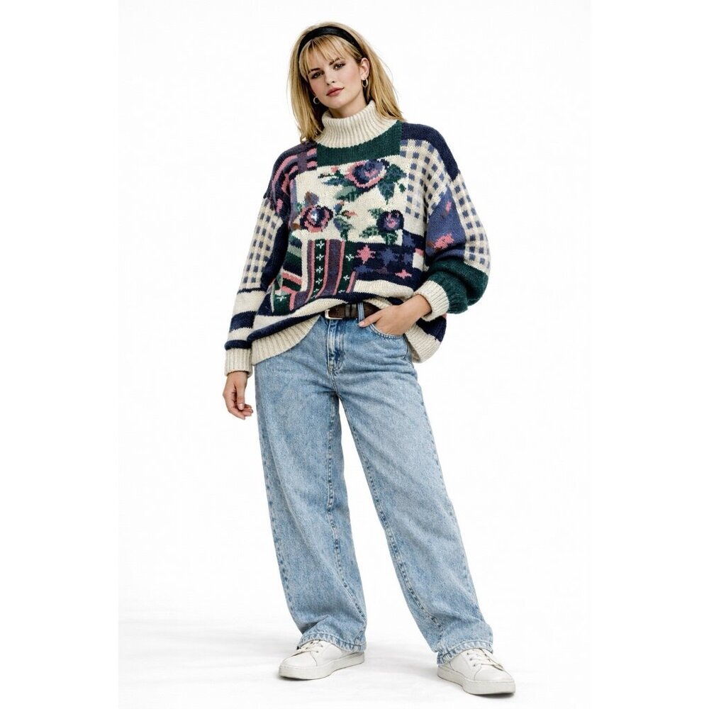 vintage 90s PARIS SPORT CLUB sweater LARGE crochet floral mock neck chunky